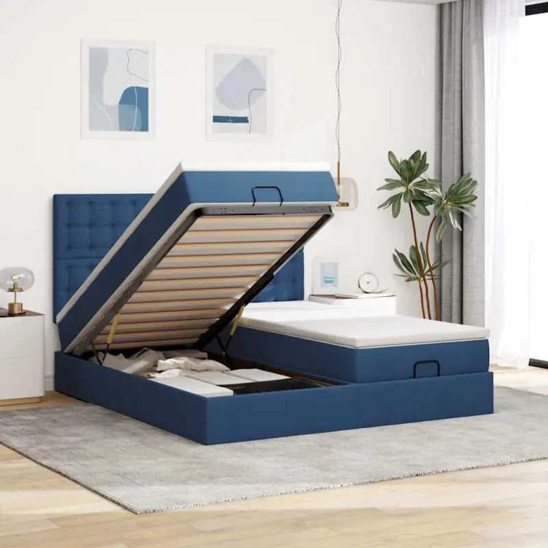 Donkerbruin ottomaans bed met ruime opbergruimte en comfort - Blauw / 160 x 200 cm / knopen - Bedden & bedframes