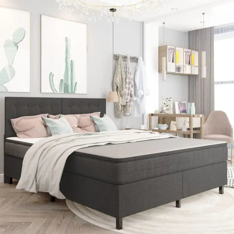 Donkergrijs materiaal boxspring met elegant ontwerp voor slaapkamer - 160 x 200 cm / Gecapitonneerd hoofdeinde + 35,5