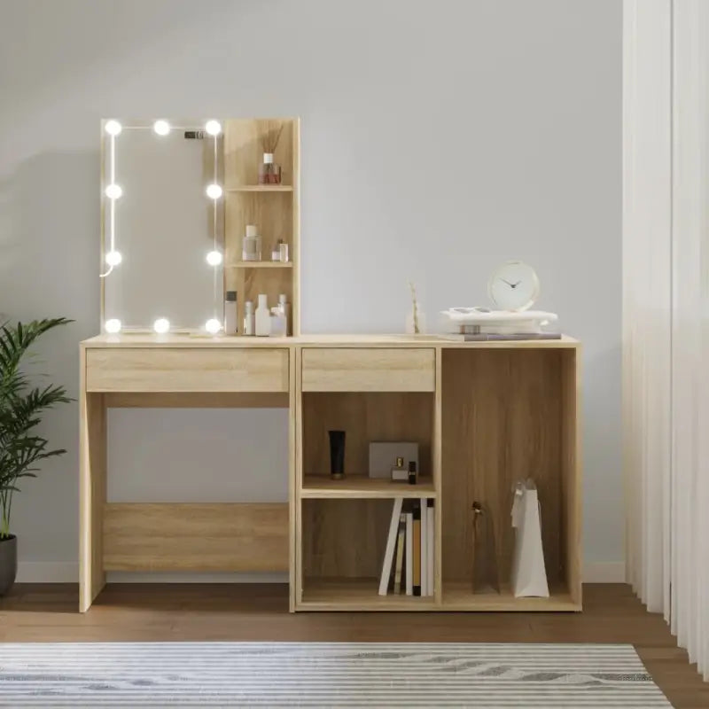 Eenvoudige LED-kaptafel met kastje van bewerkt hout voor de slaapkamer - Sonoma eiken / 1 - Slaapkamerkaptafels