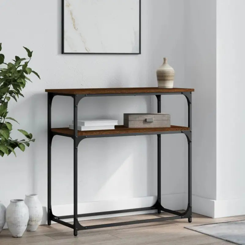 Eenvoudige wandtafel met bewerkt hout en metalen frame - bruin eikenkleur / 1 / 75 cm - Bijzettafels
