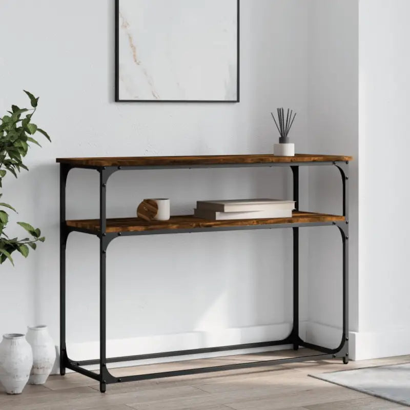 Eenvoudige wandtafel met bewerkt hout en metalen frame - Gerookt eiken / 1 / 100 cm - Bijzettafels