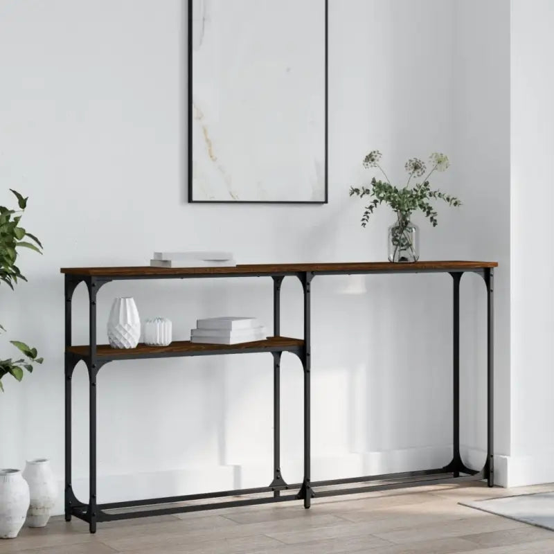 Eenzijdige wandtafel met bewerkt hout en metalen frame - bruin eikenkleur / 1 / 145 cm - Bijzettafels