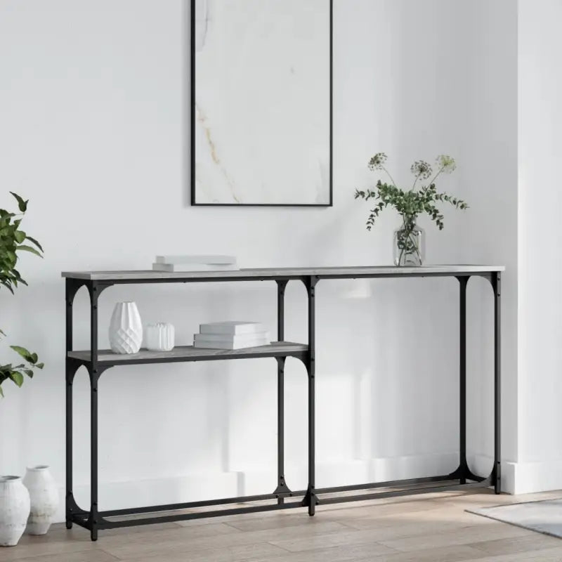 Eenzijdige wandtafel met bewerkt hout en metalen frame - Grijs sonoma / 1 / 145 cm - Bijzettafels