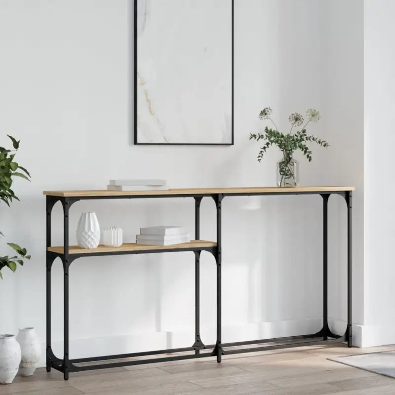 Eenzijdige wandtafel met bewerkt hout en metalen frame - Sonoma eiken / 1 / 145 cm - Bijzettafels