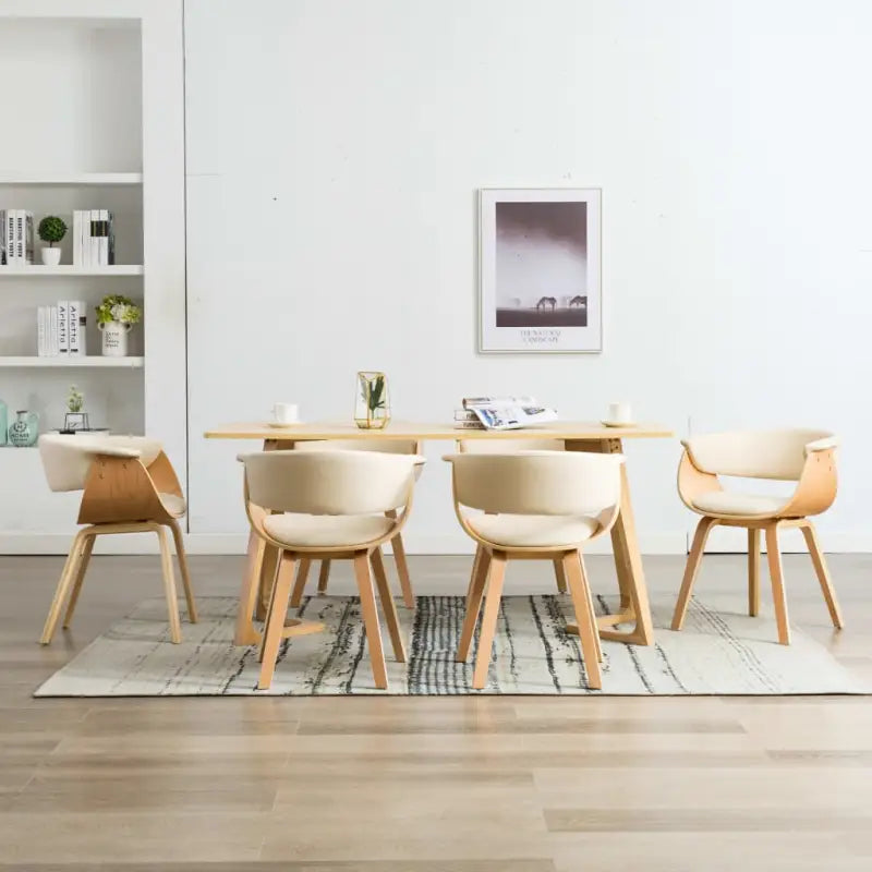 Eetkamerstoelen set met gebogen hout en eenvoudig te reinigen kunstleer - Crème en lichtbruin / 6 - Eetkamerstoelen