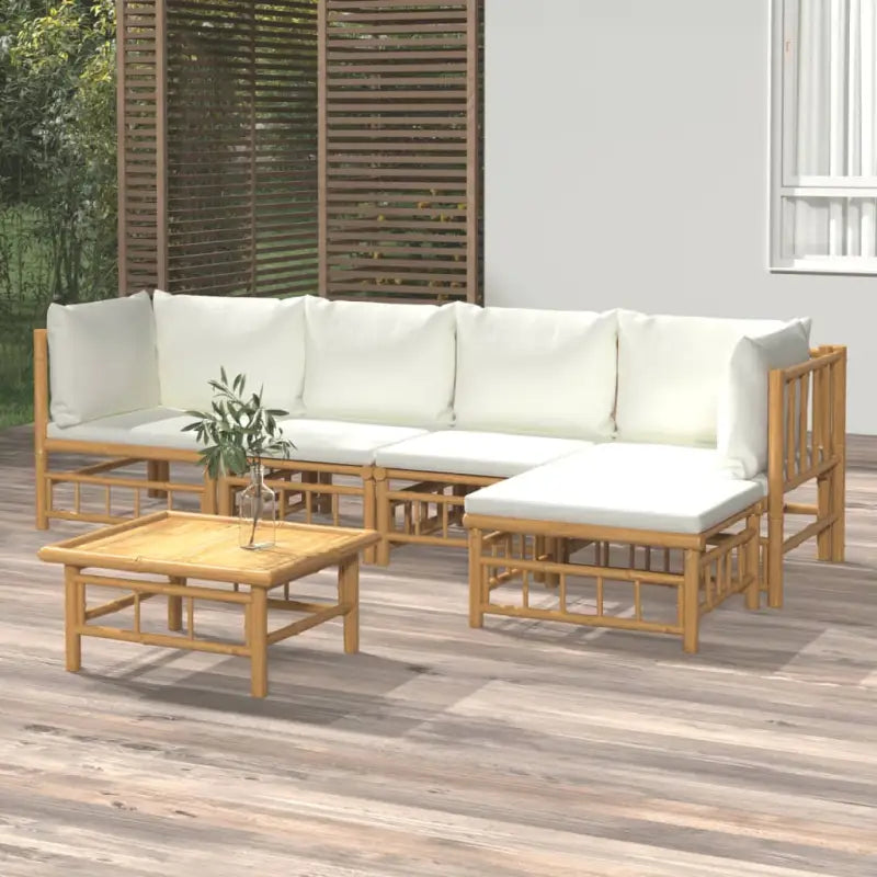 Elegante bamboe tuinset met comfortabele afmeting zitting en rugkussen - Crème / 2x hoek + 2x midden + voetensteun