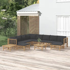 Elegante bamboe tuinset met comfortabele afmeting zitting en rugkussen - Donkergrijs / 3x hoek + 5x midden + 2x