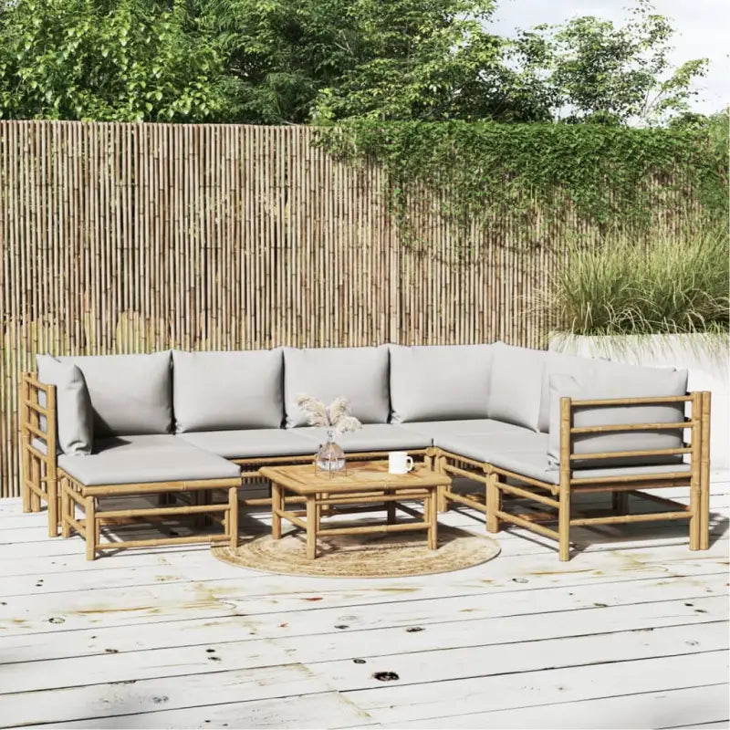 Elegante bamboe tuinset met comfortabele afmetingen en rugkussen - Lichtgrijs / 3x hoek + 3x midden + voetensteun