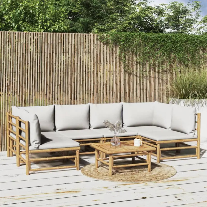 Elegante bamboe tuinset met comfortabele afmetingen en rugkussen - Lichtgrijs / 2x corner + 4x chair + table - Tuinsets