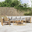 Elegante bamboe tuinset met comfortabele afmetingen en rugkussen - Lichtgrijs / 3x hoek + 2x midden + stoel + Tafel