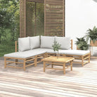 Elegante bamboe tuinset met comfortabele afmetingen en rugkussen - Lichtgrijs / hoek + 2x midden + 2x voetensteun