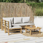 Elegante bamboe tuinset met comfortabele afmetingen en rugkussen - Lichtgrijs / hoek + 3x midden + Tafel - Tuinsets