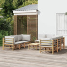 Elegante bamboe tuinset met comfortabele afmetingen en rugkussen - Lichtgrijs / 4x hoek + 4x midden + Tafel - Tuinsets