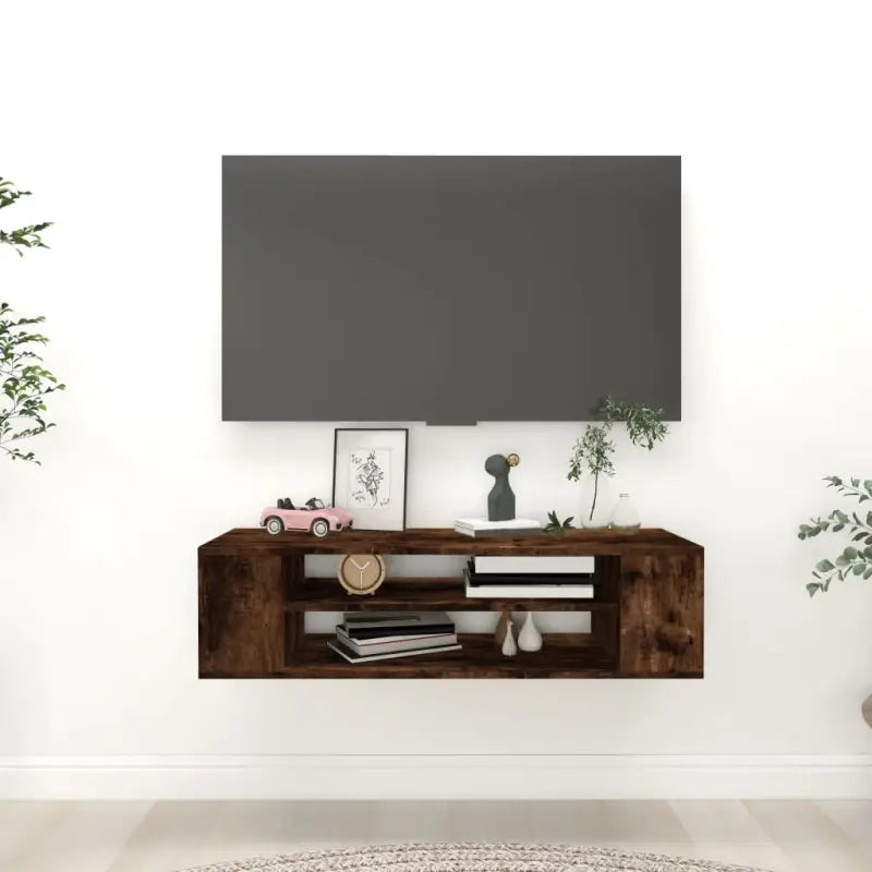 Elegante hangend tv-meubel van bewerkt hout met opbergruimte - Gerookt eiken / 1 - Tv-meubels