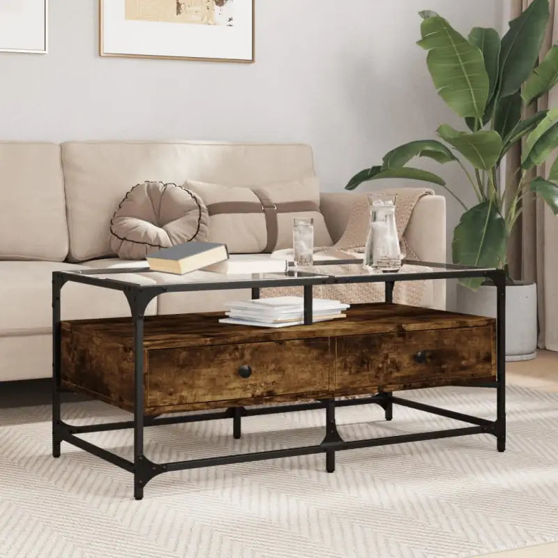 Elegante salontafel met glazen blad voor moderne woonkamer decoratie - Gerookt eiken / 1 - Salontafels