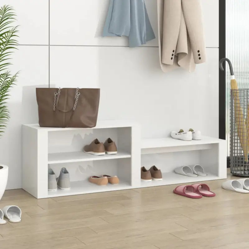 Elegante schoenenkast in hoogglans wit met bewerkt hout - Hoogglans wit / 1 - Schoenenrekken