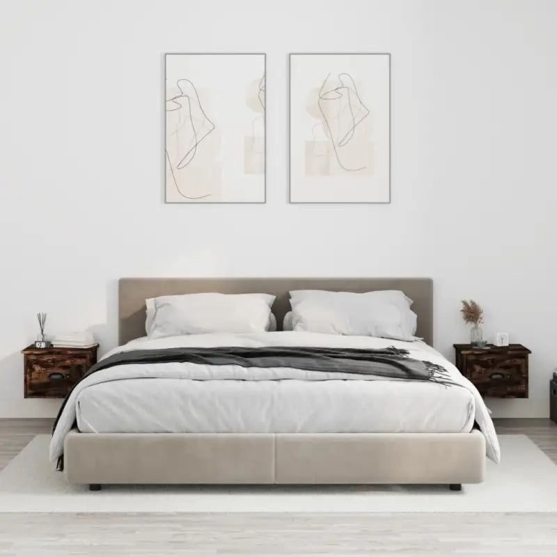 Elegante wandgemonteerde nachtkastje in grijs sonoma eiken design - Gerookt eiken / 2 - Nachtkastjes