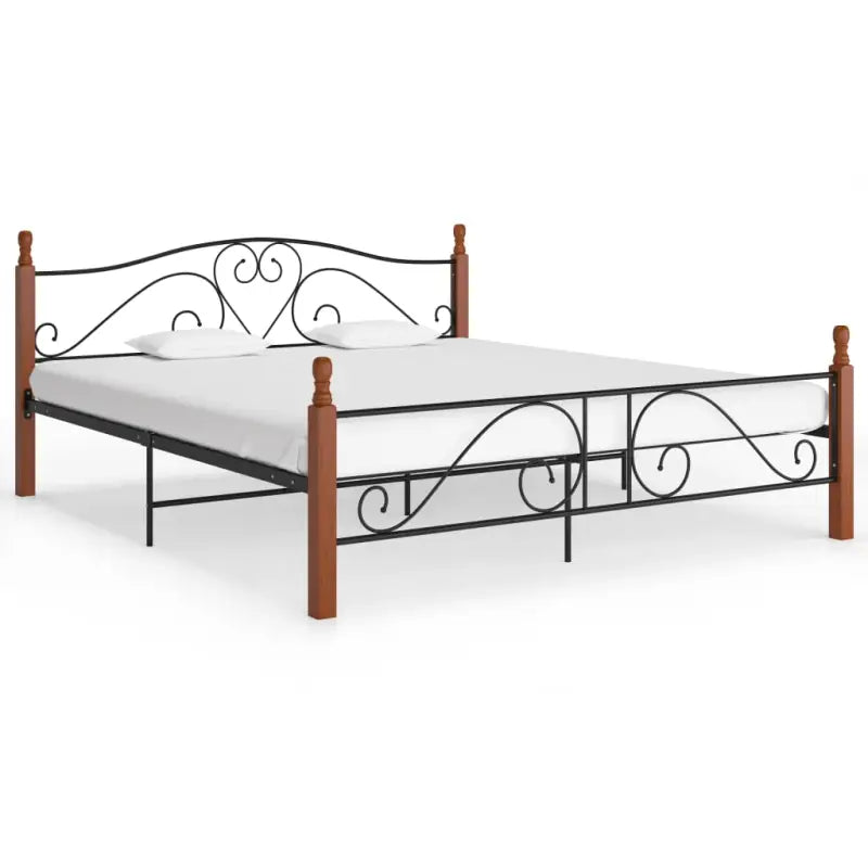 Gepoedercoat metalen bedframe met licht eikenhout voor een warme slaapkamer - zwart en donkerhoutkleurig / 200 x 200 cm