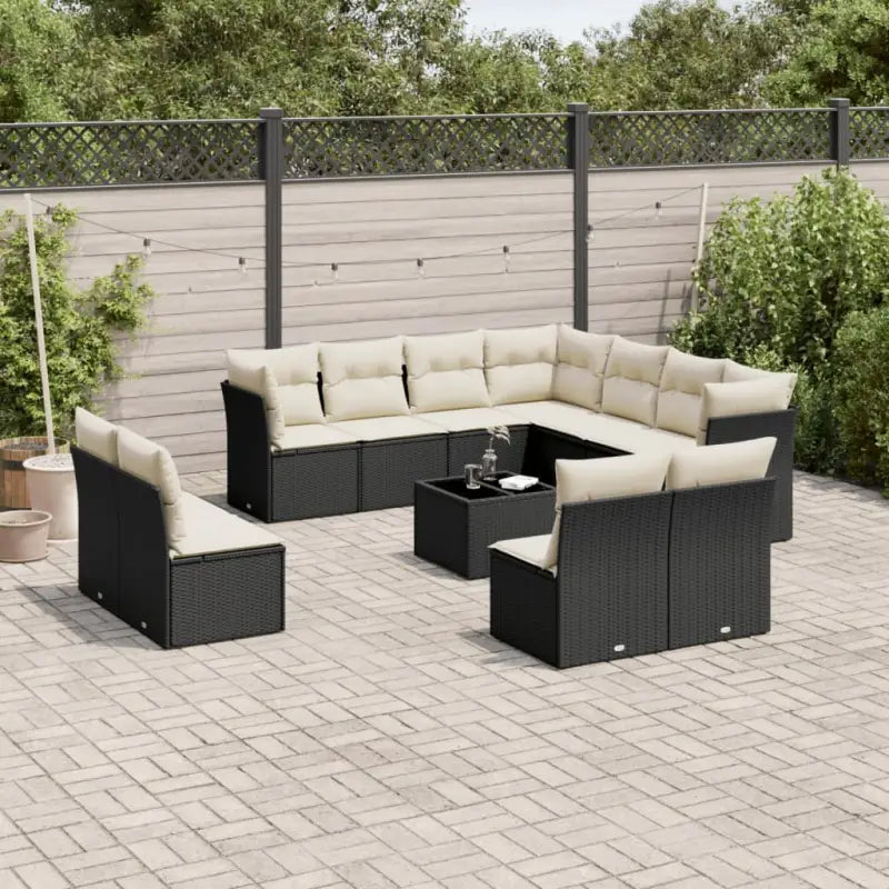 Gepoedercoat staal loungeset met poly rattan voor comfortabele zitervaring - Zwart en crème / Met tafel - Tuinsets