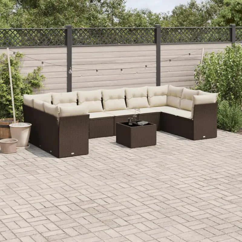 Gepoedercoat staal loungeset met poly rattan voor een comfortabele zitervaring - Bruin en crème / Met tafel - Tuinsets