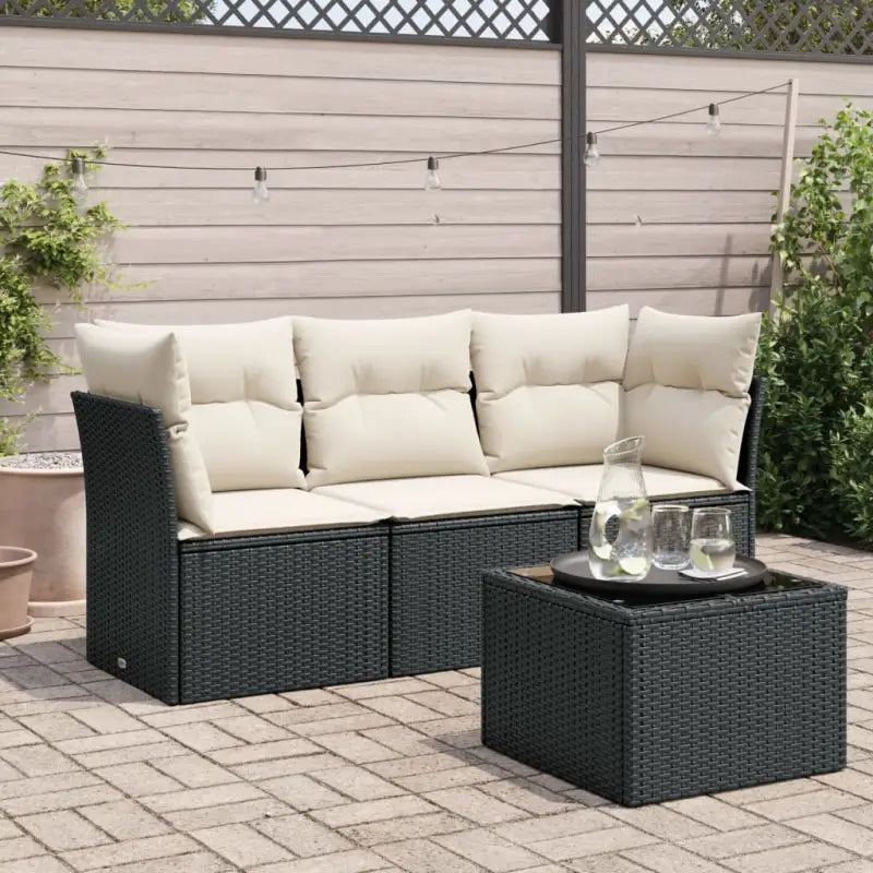 Gepoedercoat staal tuinset met poly rattan voor een comfortabele zitervaring - Zwart en crème / Met tafel - Tuinsets