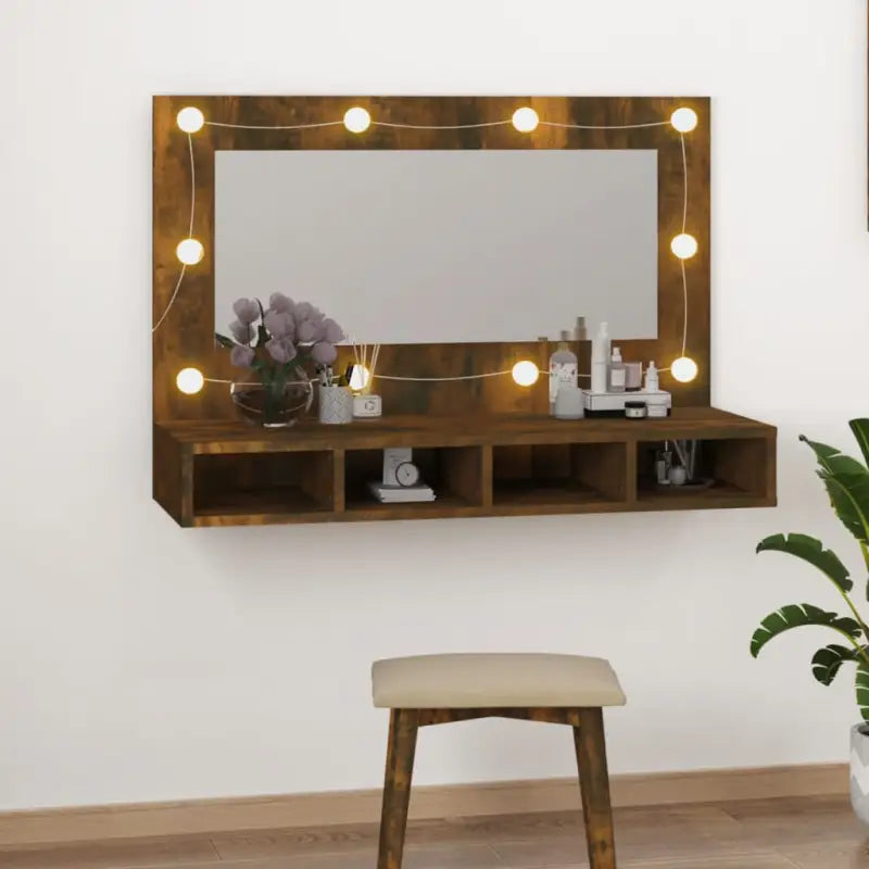 Grijs Sonoma badkamerkaptafel met LED-verlichting en spiegelkast - Gerookt eiken / 1 - Badkamerkaptafels