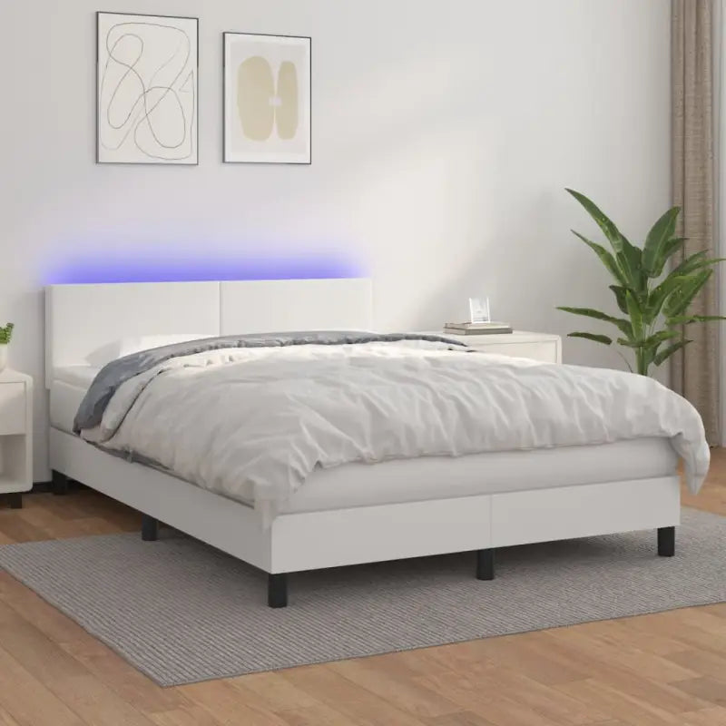 Grijze boxspring met matras en LED voor een rustgevende slaapkamer - Wit / 140 x 200 cm / Effen ontwerp - Bedden &
