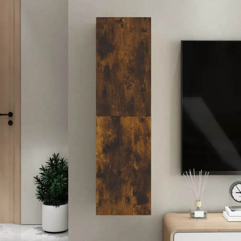 Hangende Tv-meubel van bewerkt hout voor een trendy woonkamer sfeer - Gerookt eiken / 1 / 110 cm - Tv-meubels