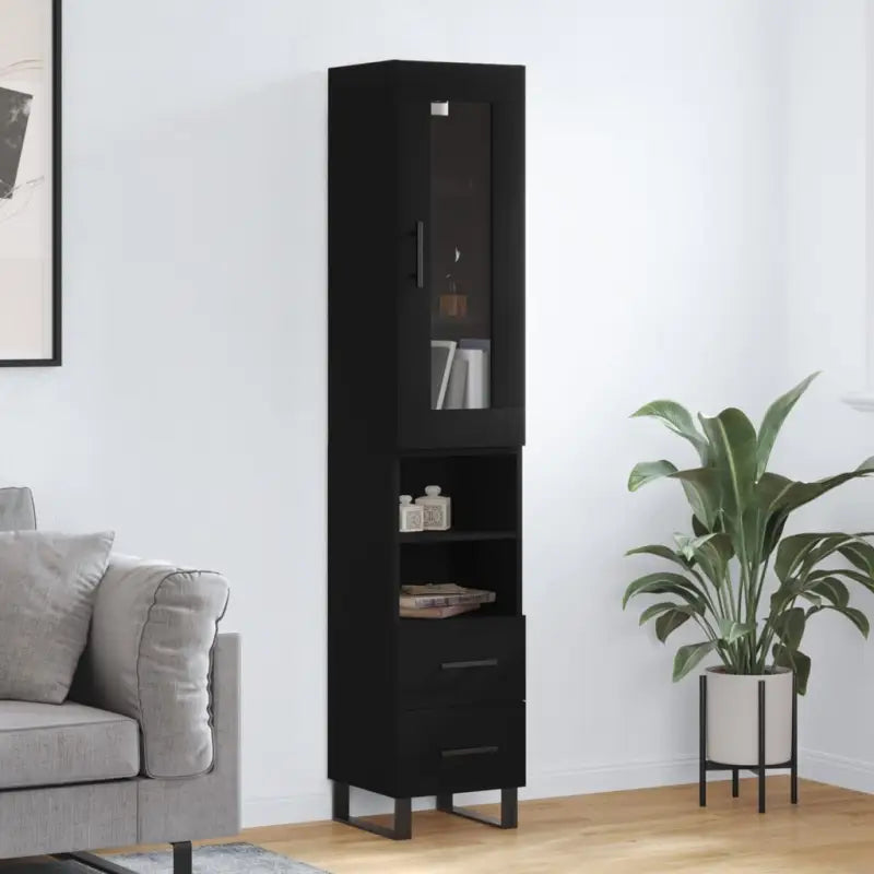 Hoge kast met ijzeren poten en bewerkt hout voor een trendy interieur - Zwart / 1 / 2 lades 2 schappen - Dressoirs &