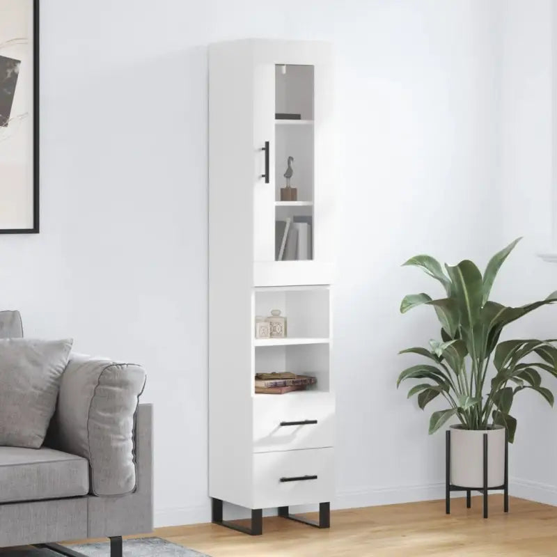 Hoge kast met ijzeren poten en bewerkt hout voor een trendy interieur - Hoogglans wit / 1 / 2 lades 2 schappen