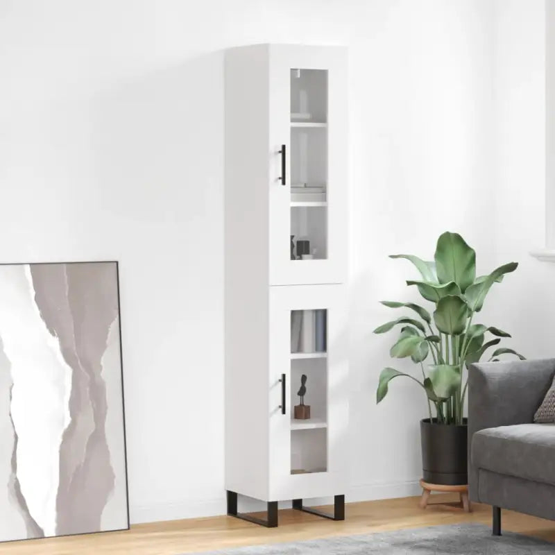 Hoge kast met ijzeren poten en bewerkt hout voor een trendy interieur - Hoogglans wit / 1 / 1 glazen deur - Dressoirs &