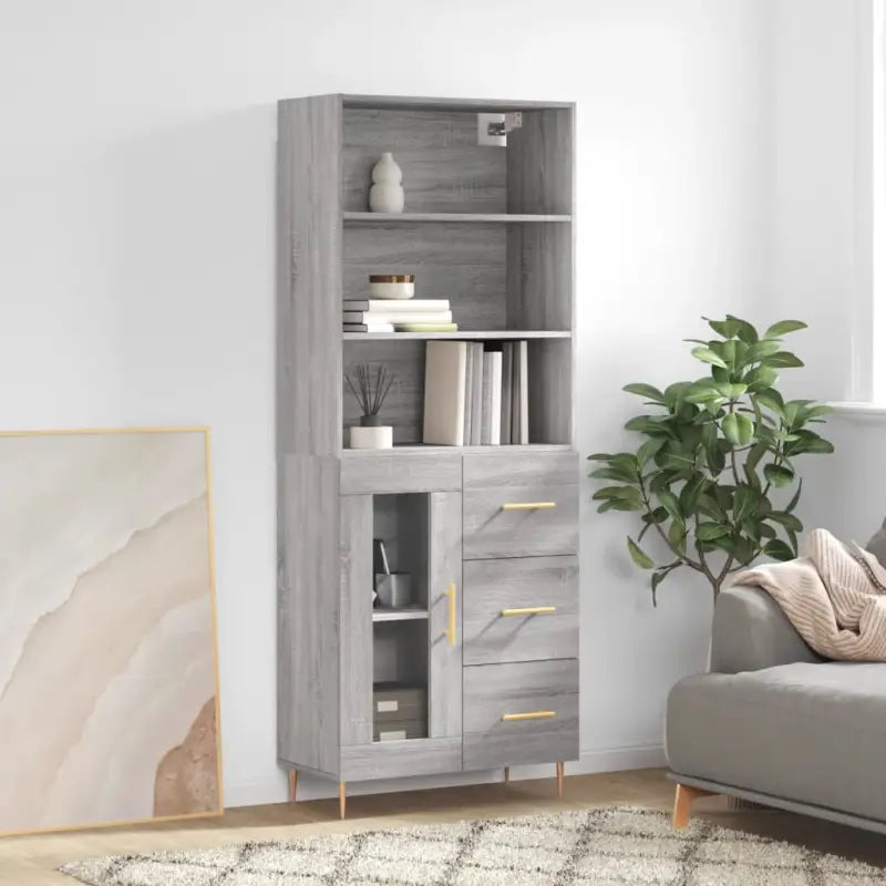 Hoge kast met ijzeren poten van bewerkt hout voor een stijlvolle look - Grijs sonoma / 1 / 1 glazen deur 3 lades