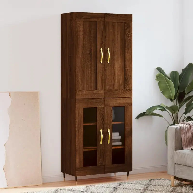 Hoge kast van bewerkt hout in grijs sonoma stijl - bruin eikenkleur / 1 / 2 glazen deuren - Dressoirs & buffetkasten