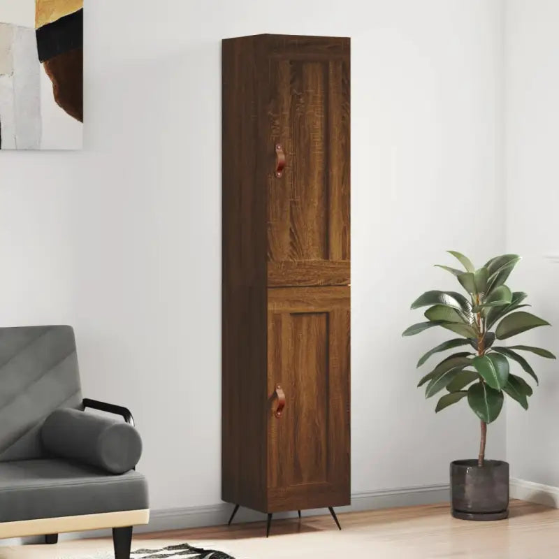 Hoge kast van bewerkt hout in hoogglans wit voor een trendy interieur - bruin eikenkleur / 1 / 1 houten deur