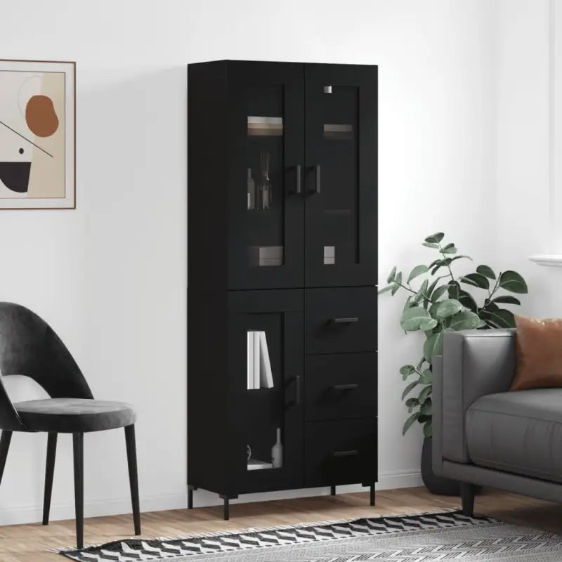 Hoge kast van bewerkt hout met charme en duurzame kwaliteit - Zwart / 1 / 1 glazen deur 3 lades - Dressoirs &
