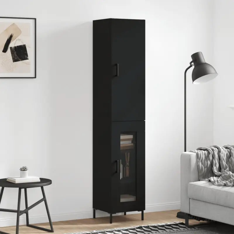 Hoge kast van bewerkt hout met duurzame charme en stijlvolle uitstraling - Zwart / 1 / 1 glazen deur - Dressoirs &
