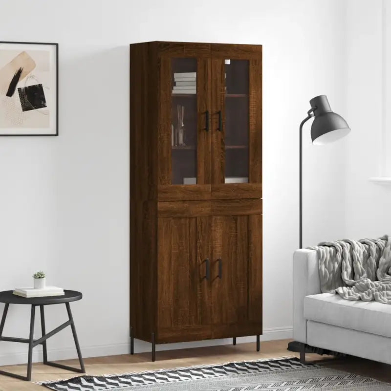 Hoge kast van bewerkt hout met duurzame en stabiele kwaliteit - bruin eikenkleur / 1 / 2 houten deuren - Dressoirs &