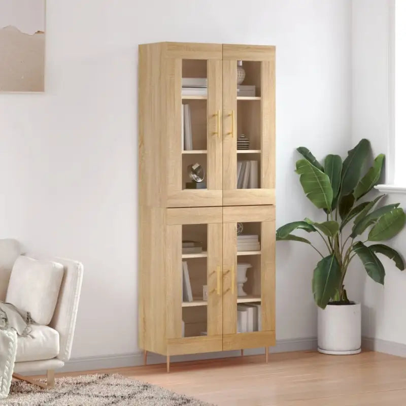 Hoge kast van bewerkt hout met duurzame en stijlvolle afwerking - Sonoma eiken / 1 / 2 glazen deuren - Dressoirs &