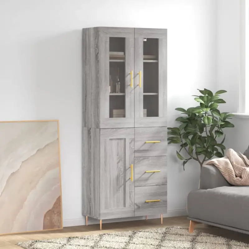 Hoge kast van bewerkt hout met duurzame en stijlvolle afwerking - Grijs sonoma / 1 / 1 houten deur 3 lades - Dressoirs