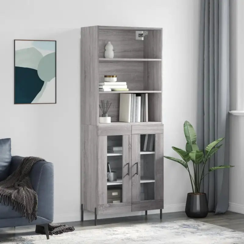 Hoge kast van bewerkt hout met metalen poten voor een moderne uitstraling - Grijs sonoma / 1 / 2 glazen deuren
