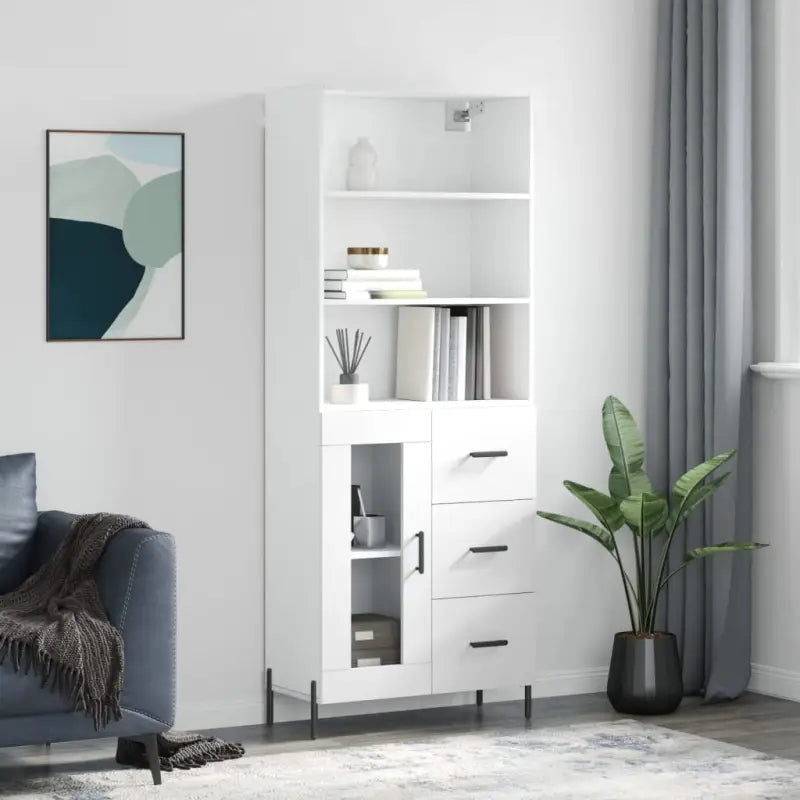 Hoge kast van bewerkt hout met metalen poten voor een moderne uitstraling - Wit / 1 / 1 glazen deur 3 lades - Dressoirs