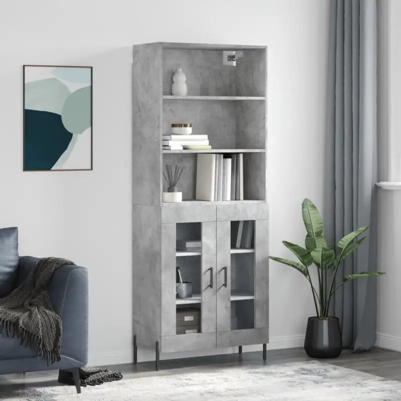 Hoge kast van bewerkt hout met metalen poten voor een moderne uitstraling - Betongrijs / 1 / 2 glazen deuren