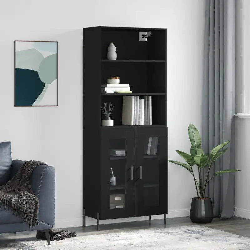 Hoge kast van bewerkt hout met metalen poten voor een moderne uitstraling - Zwart / 1 / 2 glazen deuren - Dressoirs &