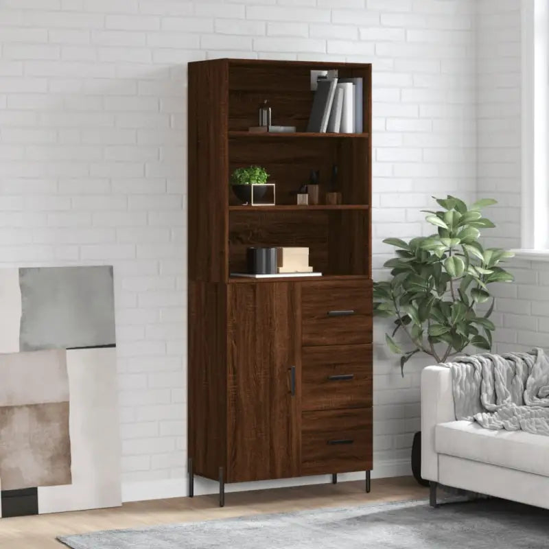 Hoge kast van bewerkt hout met metalen poten voor een moderne uitstraling - bruin eikenkleur / 1 / 1 deur 3 lades