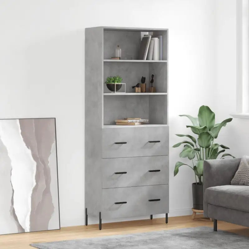 Hoge kast van bewerkt hout met metalen poten voor een moderne uitstraling - Betongrijs / 1 / 3 lades - Dressoirs &