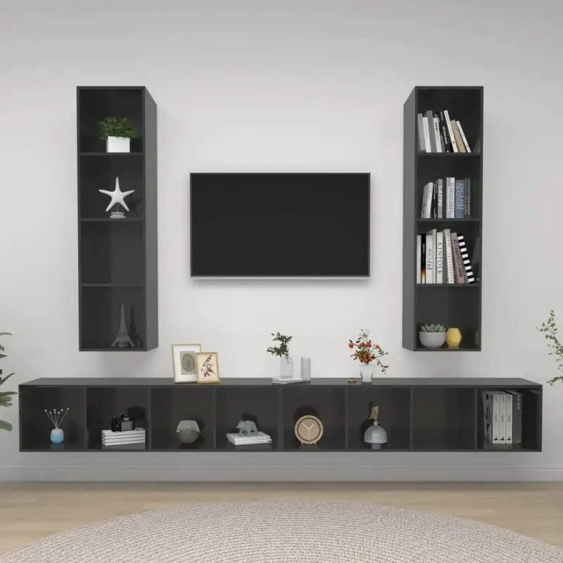 Hoogglans grijs TV-meubel met bewerkt hout voor volop opbergruimte - Hoogglans grijs / 4 - Tv-meubels