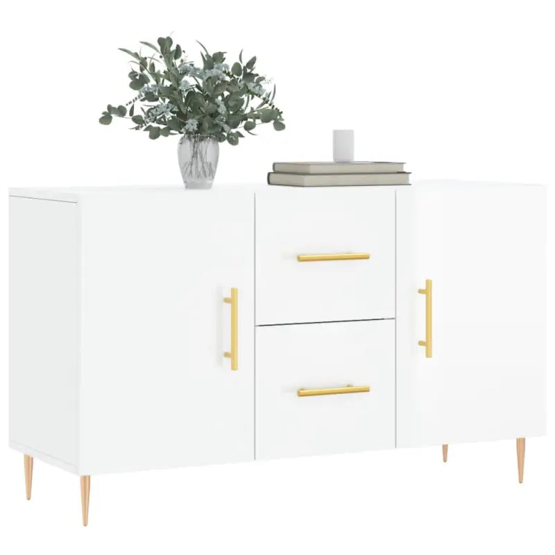 Hoogglans wit dressoir met bewerkt hout en metalen poten - Dressoirs & buffetkasten
