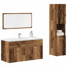 Hoogglans witte badkamermeubelset met hoge kast en bewerkt hout - Oud hout / 90 x 38.5 x 46 cm / 3 - Badkamermeubelsets