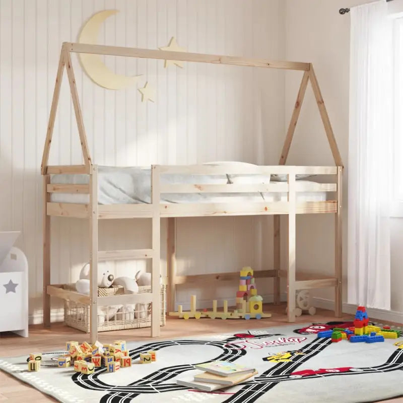 Hoogslaper voor kinderen van massief grenenhout met open zijdeur - Naturel / 90 x 190 cm - Bedden & bedframes