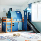 Hoogslaper voor kinderen van massief grenenhout met ruimtelijke functie - Bruin en blauw / 90 x 200 cm - Bedden &